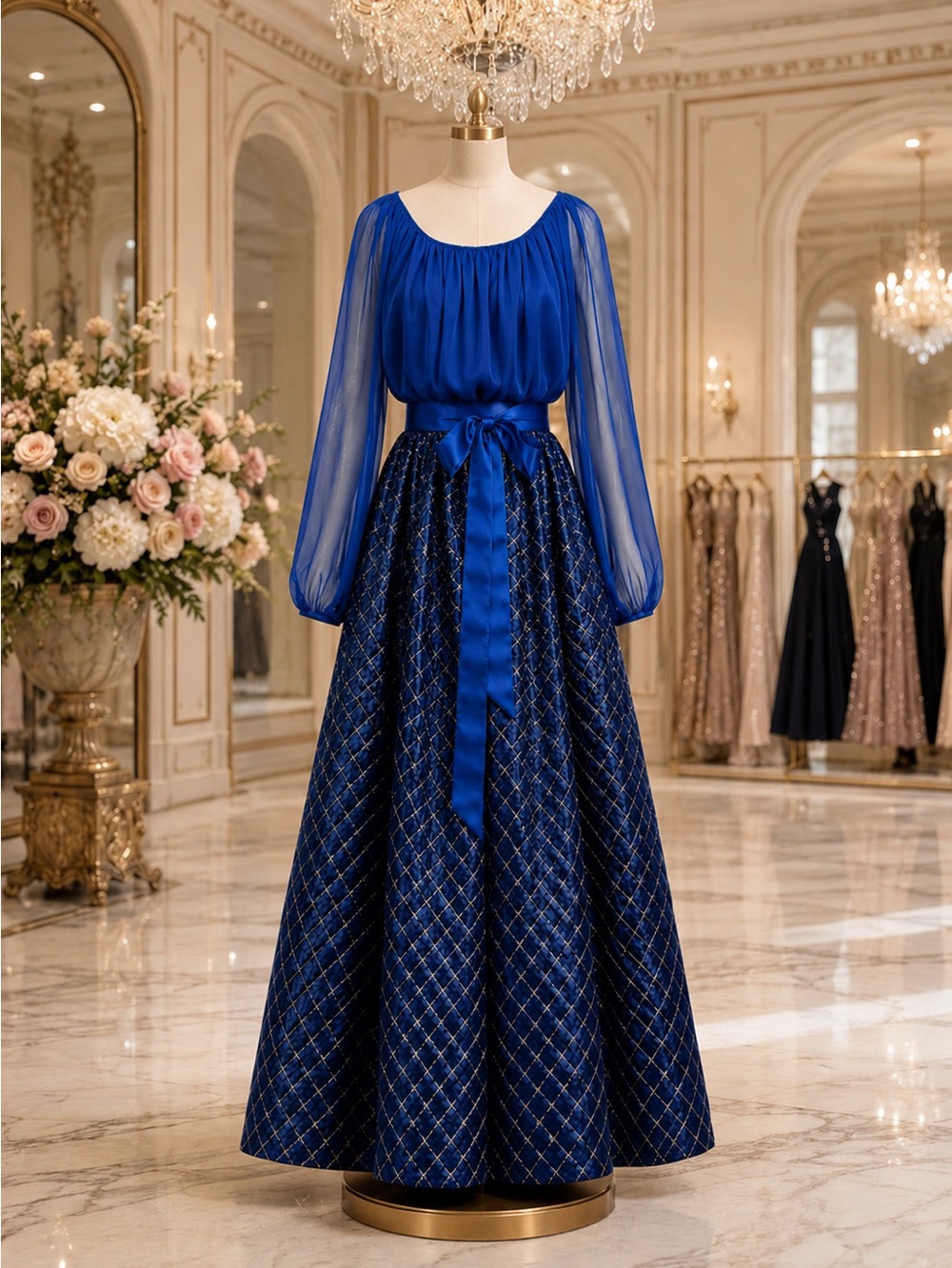 Vintage 1990s Oscar de la Renta Studio Blue Gold Brocade Ball Gown Size 8